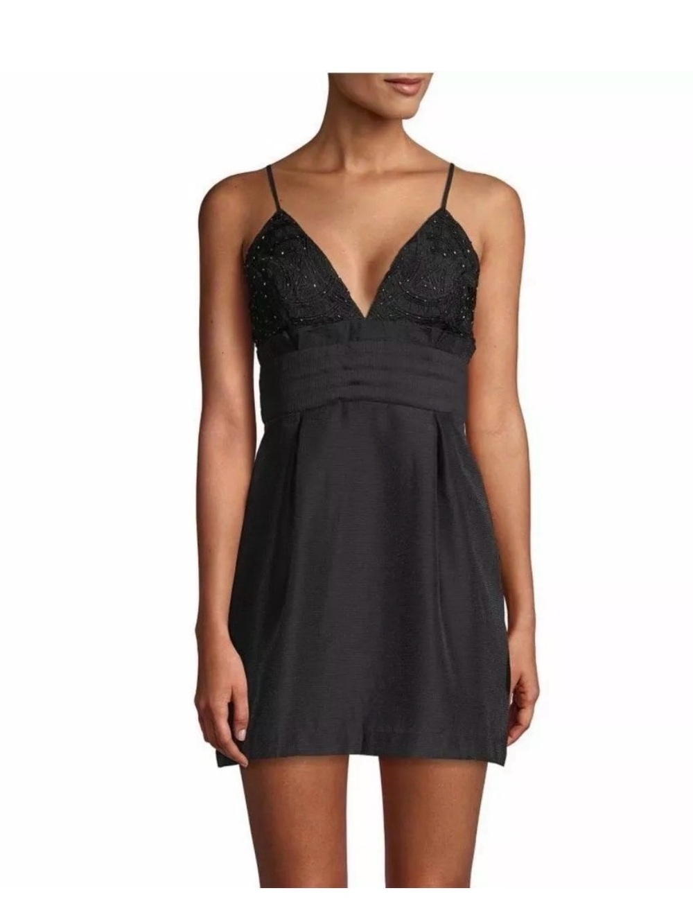 NWT Free People Black Beaded V-Neck Mini Dress